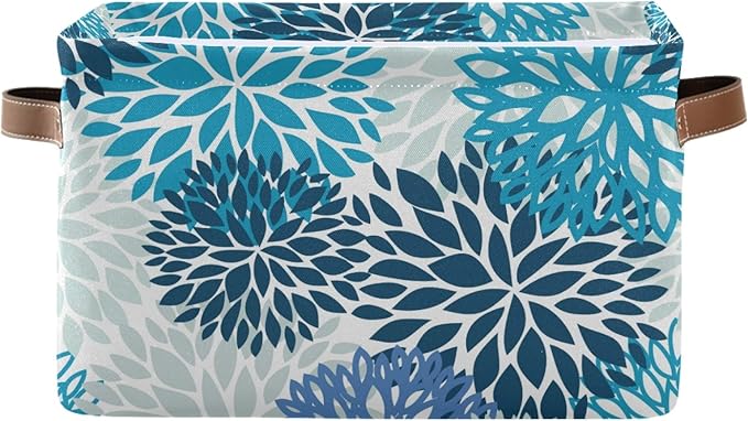 susiyo Large Foldable Storage Bin Blue Navy Chrysanthemum Flowers Fabric Storage Baskets Collapsible Decorative Baskets Organizing Basket Bin with PU Handles for Shelves Home Closet Bedroom-2Pack