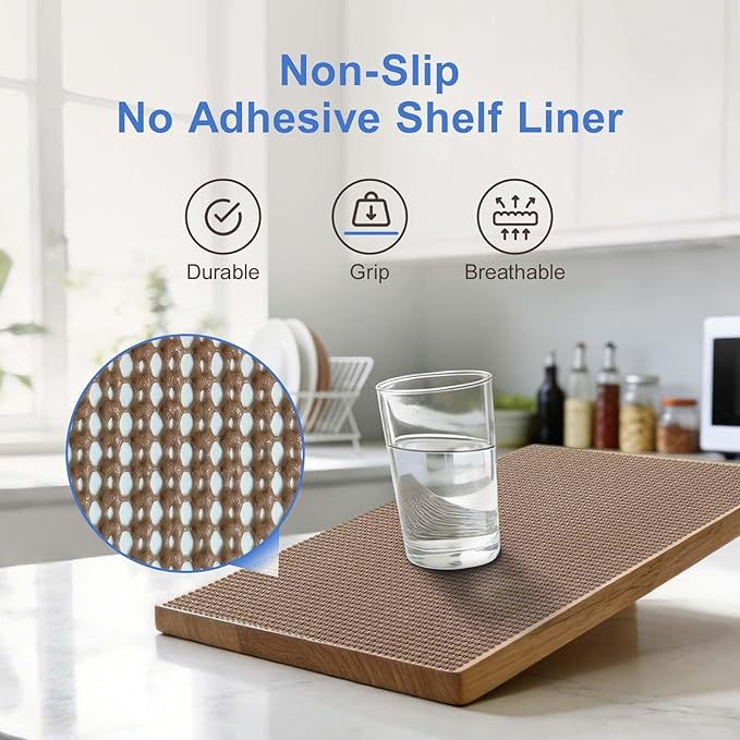 Shelf Liner Non Adhesive Cabinet and Drawer Liner,Upgrade Durable Folded Slip Great Grip Liners for Kitchen Cabinets, Storage, Desks, Dresser, 11.8 in x 9.8 ft, Wheat