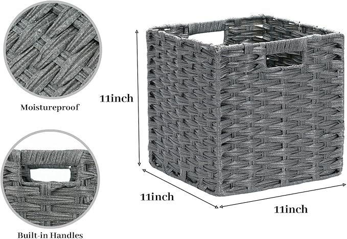DULLEMELO 11x11 Wicker Baskets for Storage, Plastic Woven Cube Storage Bins for Shelves, Waterproof Foldable Wicker Baskets for Organizing Shelves,Closet, Clothes, Toys-Grey