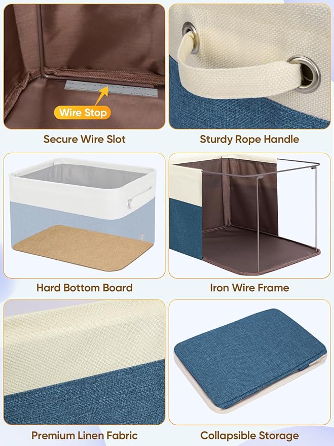 BALEINE 3 Pack Fabric Closet Storage Bins for Shelves, Linen Closet Organizers and Storage, Decorative Baskets for Organizing, Shelf, Clothes, Home, Office (Navy Blue, 12"x8"x8")