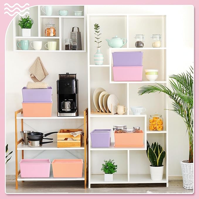 Menkxi 6 Pcs Storage Bins with Lids Small Plastic Storage Containers Stackable Storing Baskets Box Cute Organizer Bins for Organizing Shelves (Pink,Purple,Orange)