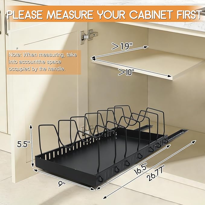XIAPIA Pull Out Pots and Pans Organizer Under Kitchen Cabinet, Pot Lid Organizers, Slide Out Cookware Storage Rack with 8 Adjustable Dividers, Pull Out Shelves for Dishware Seasoning, (Black, 2 Pack)
