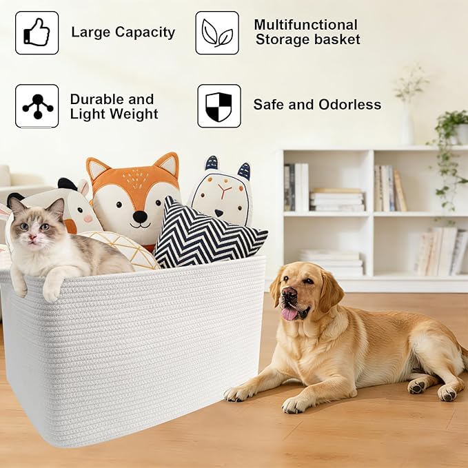Magazine & Newspaper Baskets,65L Large Woven Rope Blanket Basket,21"x16"x12"Storage Bin with Handle,Toys Storage,Laundry Basket for Home Organization/Living Room/Nursery/Bedroom,White