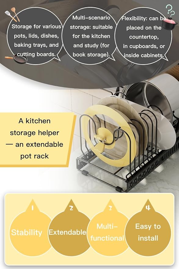 Pot and Pan Organizer for Cabinet & Drawer, Expandable Pan and Lid Rack with Handle Support Bar, Adjustable Cookware Storage for Pots, Lids, Bakeware
