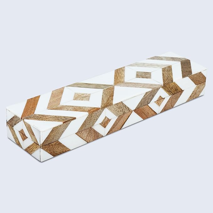 Handicrafts Home White Decorative Box with Lid–Marquet Resin Inlay & Wood Decorative Boxes for Home Decor, Decor, Storage Box for Jewellery & Keys White Brown Neutral Decorative Storage Box-10x2.5x1.5