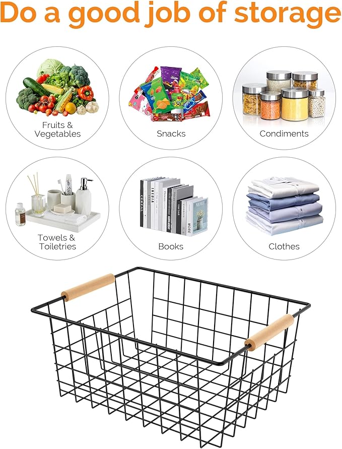 Baskets for household purposes, Wire Basket with Wooden Handle, Metal Utility Storage Basket for Organizing Kitchen Pantry Cabinets, Metal Basket Storage Organizer (Black 2 Pack)