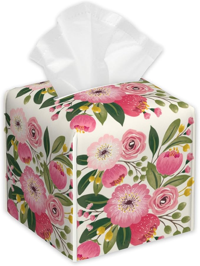 Spring Flowers Bouquet Tissue Box Cover Square,Tissue Box Holder with Belt Bottom,Stylish Leather Napkin Holder for Vanity Countertop,Nightstands,Office Desk,5.2"Ã5.2"Ã5.2"