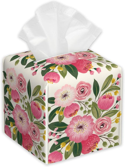 Spring Flowers Bouquet Tissue Box Cover Square,Tissue Box Holder with Belt Bottom,Stylish Leather Napkin Holder for Vanity Countertop,Nightstands,Office Desk,5.2"Ã5.2"Ã5.2"