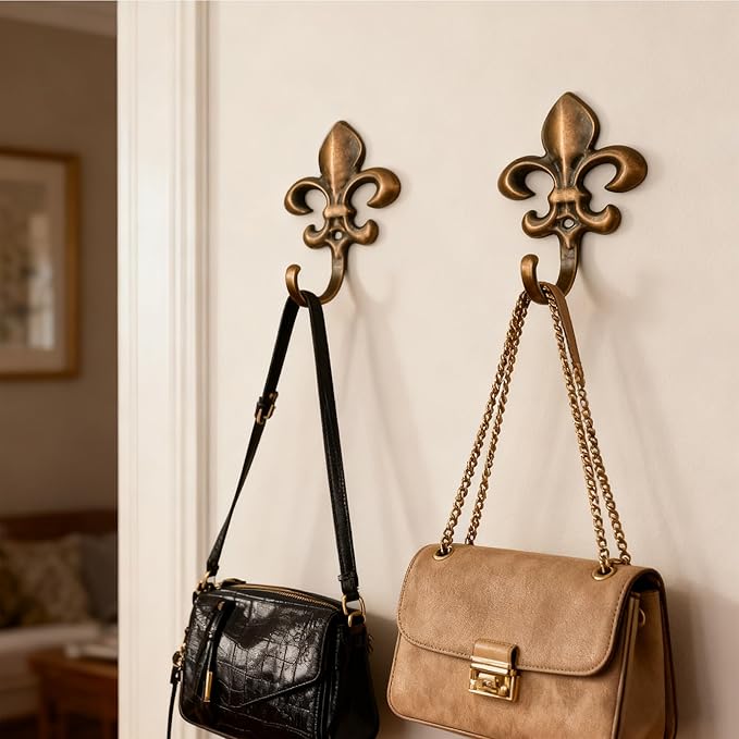 Decorative Wall Hooks for Hanging Things, Vintage Fleur De Lis Metal Coat Hooks, Heavy Duty Bronze Rustic Hooks for Key, Jewelry, Curtain Tie Backs, Towel, Hat, Small Decorative Hardware 4 Pack
