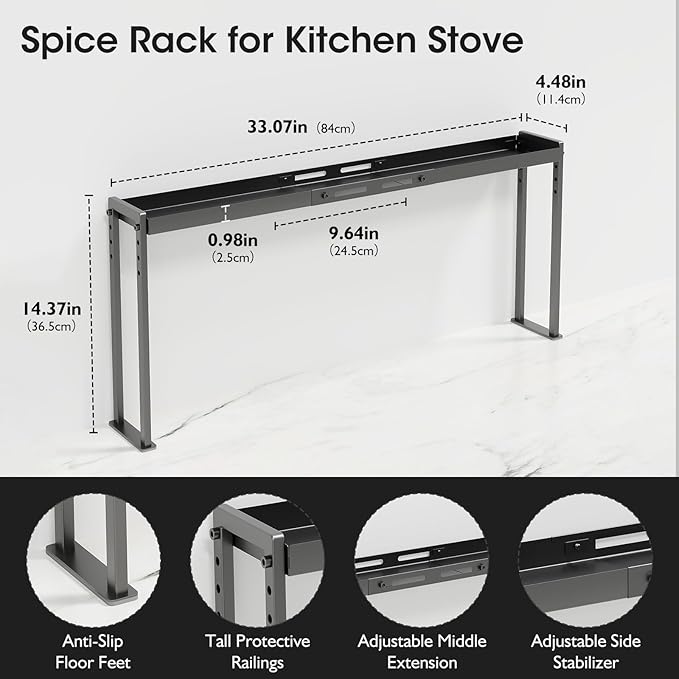 Bumusty Adjustable Stove Top Shelf,Over Shelf for Stove â Expandable 4-Level Spice Rack & Kitchen Organizer, Anti-Slip Metal Construction, 27"â33" Length, 11"â14" Height, Black