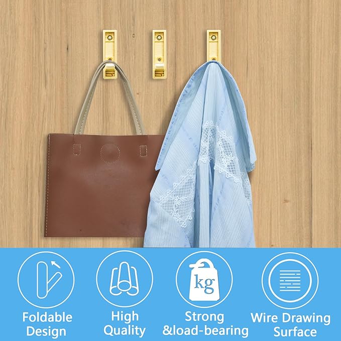 4PCS Magnetic Folding Wall Hooks, Heavy Duty 30LB Zinc Alloy Foldable Coat Hooks for Hanging Towels, Coats, Bags, Keys - Space Saving Gold Wall Mounted Hooks for Bathroom, Kitchen, Entryway, Closet