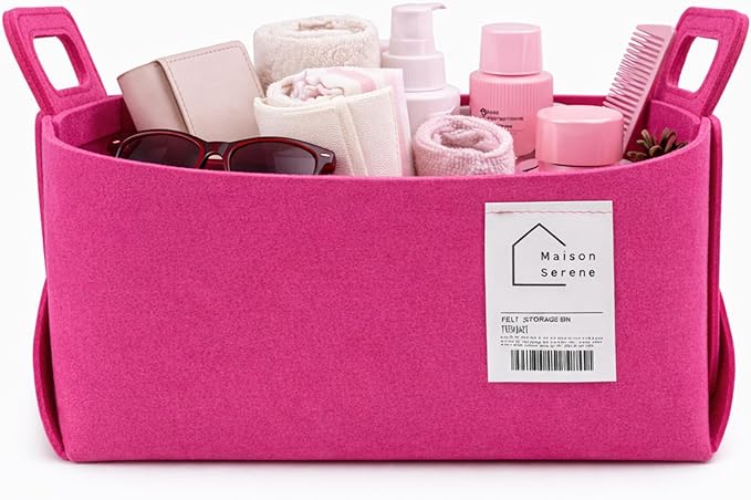 Fabric Storage Basket – Foldable Felt Storage Bin with Handles, Multi-Purpose Storage Organizer for Shelves, Closet, Toys, Clothes, Blankets, Bedroom, Living Room & Nursery, PINK, Medium