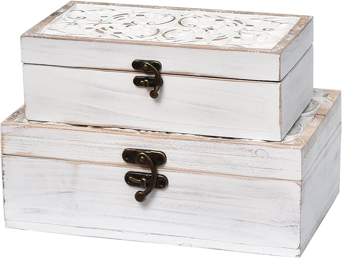 White Wooden Storage Box Set of 2 - Distressed White-Washed Decorative Boxes with Hinged Lids - Hand Carved Solid Pine Organizer for Jewelry, Keepsakes, and Shabby Chic Home Décor