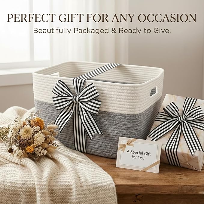 Woven Blanket Basket,65L Large Storage Bin for Blankets Toys Clothes,Decorative Rope Basket for Living Room Bedroom with Handles, White&Grey