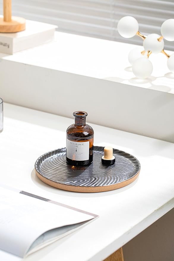 Vanity Tray with Brown Trim - Candle & Perfume Organizer, Round Black 8"8" Home Decor