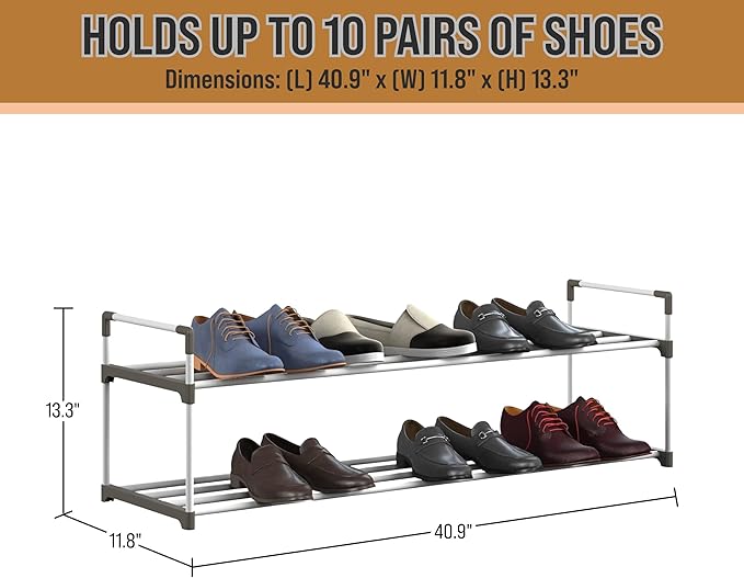 Shoe Rack - 2-Tier Shoe Organizer for Closet, Bathroom, Entryway - Shelf Holds 10 Pairs Sneakers, Heels, Boots by Home-Complete (White)