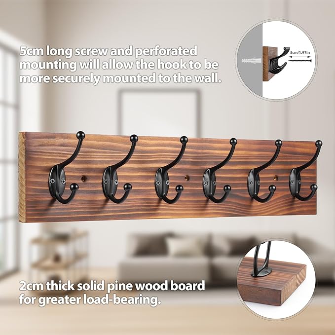 Wooden Coat Rack Wall Mounted, Vintage Coat Hooks Heavy Duty 6 Dual Coat Hangers for Wall,Brown