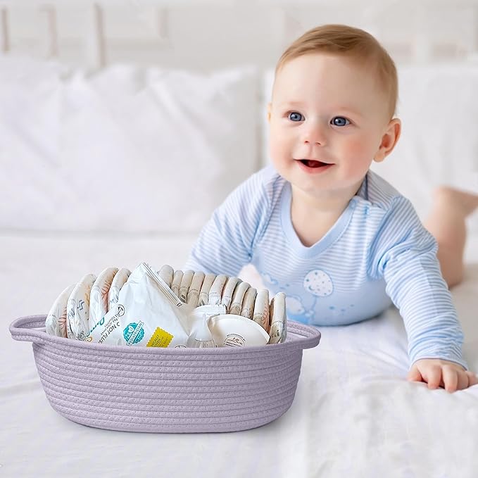 Purple Small Woven Basket, 13â x 9â x 5â Baskets for Gifts Empty, Cotton Rope Gift Basket, Cute Nursery Baby Organizer, Cat Dog Toy Box, Oval Wicker Storage Bin with Handle