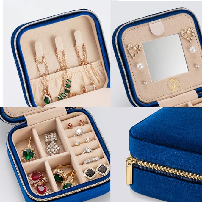 Plush Velvet Travel Jewelry Case, Travel Jewelry Organizer, Jewelry Travel Case, Travel Jewelry Box, Small Jewelry Case for Women, Jewelry Travel Box, Earring Organizer with Mirror - Navy Blue