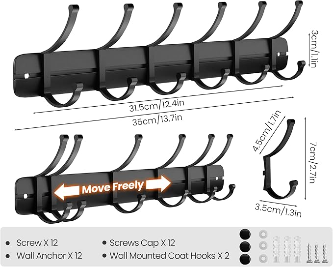 Fayleeko Key Holder for Wall, 13.78 Inch Self-Adhesive Entryway Coat Hooks Wall Mounted, Hats Rack with 6 Hooks to Hang Coat, Keys, Towel and Purse(Gold, 2 Pack)