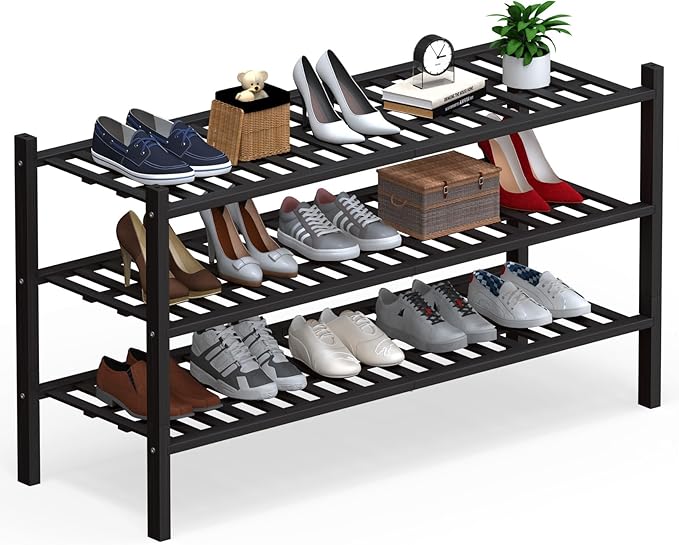 Haddockway Long 3 Tier Bamboo Shoe Rack Storage Organizer,Multifunctional Free Standing Stackable Shoe Shelf with Grid Panel for Closet,Hallway,Entryway,Small Space 34.2"x11"x20"