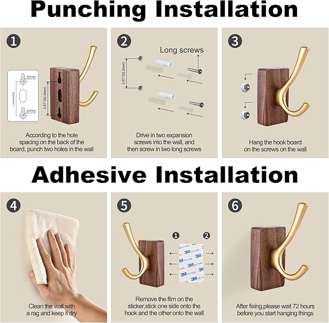 4 Pack Walnut Wood Wall Coat Hooks for Hanging, Adhesive Mounted & Wall Mount Heavy Duty Wooden Double Hook Hanger for Towel Backpack Hat Jacket Clothes Blanket Purse Robe Key Gold Hook