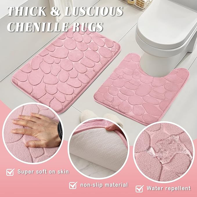 Bathroom Set with Shower Curtain and Rugs- 25PC Bathroom Accessory Set, Pink Bathroom Set, Toilet Brush, Trash Can, Qtip Holder & Soap Dispenser