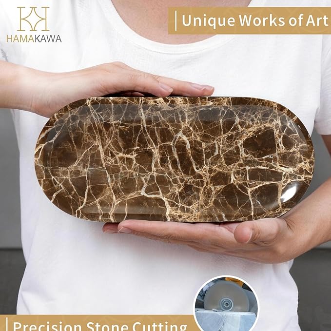Bathroom Vanity Tray, Natural Marble Oval Tray 10 inch, Emperador Dark Marble Vanity Tray for Soap Dispenser Modern Countertop Organizer for Kitchen Countertops, Home Decor