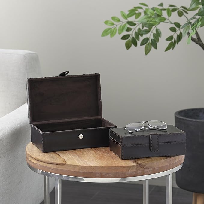 Deco 79 Leather Handmade Decorative Box Storage Decorative Keepsake Boxes with Snap Front Closure and Detailed Stitching, Set of 2 Storage Boxes 10", 8"W, Dark Brown