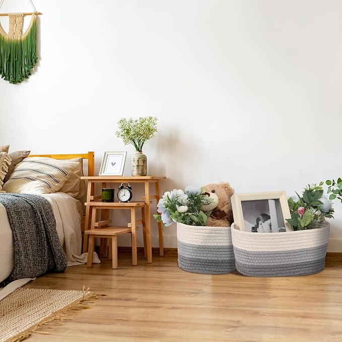 Sawysine 6 Pcs Cotton Rope Woven Basket for Storage Baskets for Organizing Storage Baskets Rope Basket with Handles for Cloth Blanket Toys Living Room Bathroom Laundry (Gray and White)