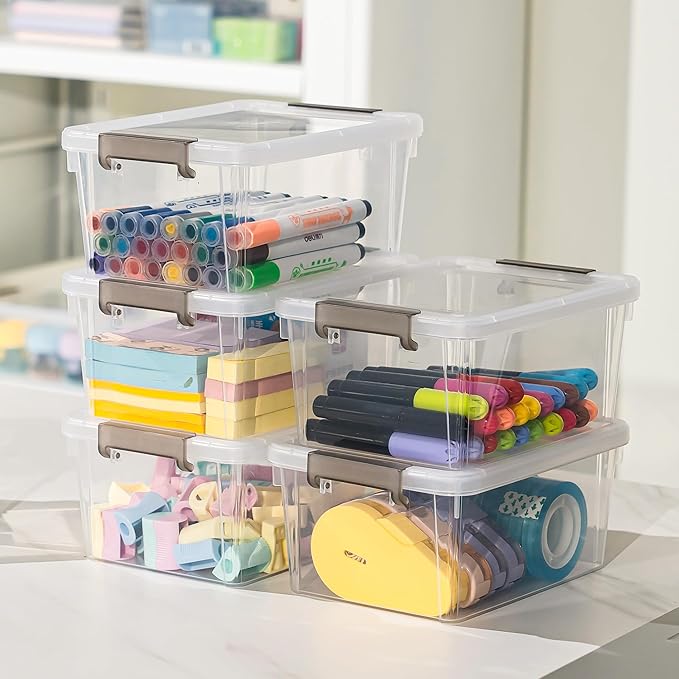 Small Storage Bins with Lids 3.2 QT- 8 Packs Plastic Storage Containers for Organizing Stackable Clear Storage Boxes,Clear White