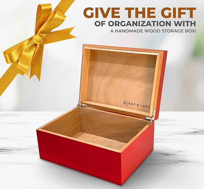 Blake & Lake Wooden Keepsake Box with Lid - Wood Storage Box with Hinged Lid - Red Treasure Box for Home - Wood Gift Boxes with lid (Heritage Red)