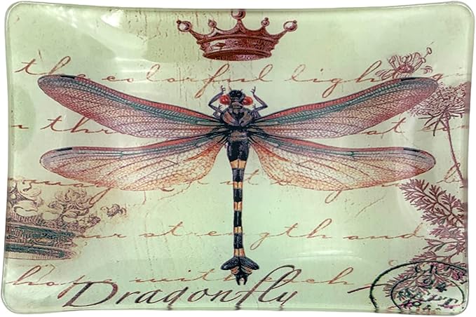 Value Arts Trinket Dish, Dragonfly with Crown and Postmark, Rectangular Glass Ca