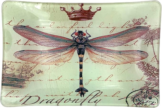 Value Arts Trinket Dish, Dragonfly with Crown and Postmark, Rectangular Glass Ca