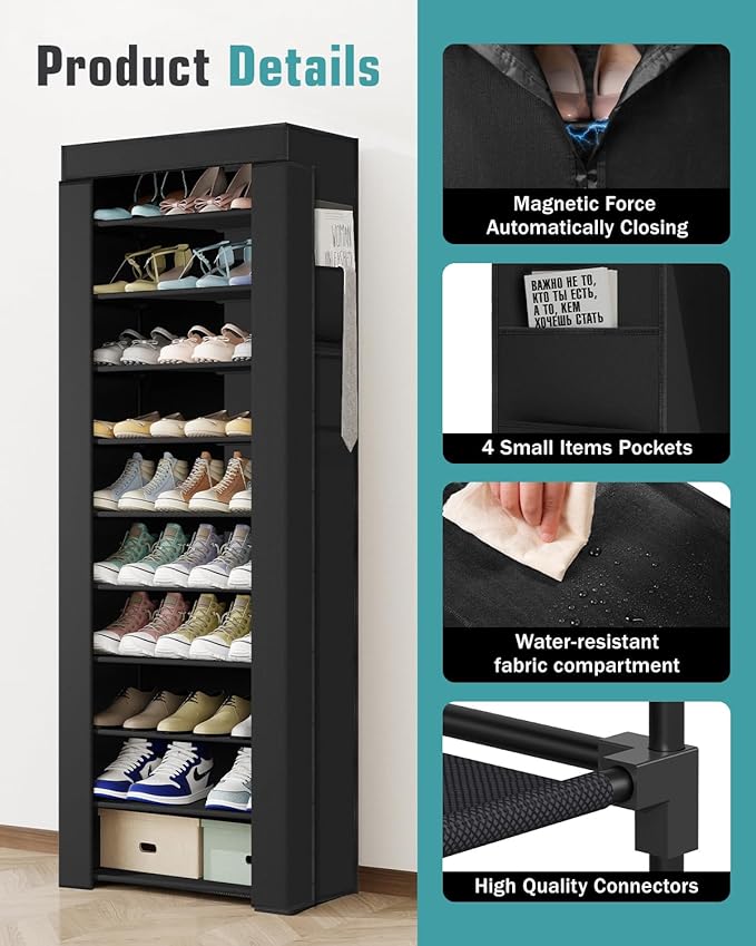 Shoe Rack with Cover, Tall Shoe Rack with Magnetic Closure Cover, 10 Tier Shoe Organizer Storage for 34-37 Pairs Shoes and Boots Large Capacity Shoe Cabinet for Closet, Entryway, Dorm, Garage