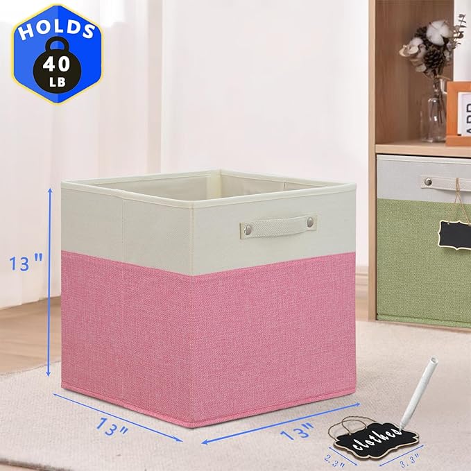 Foldable Fabric Storage Cubes 4 Pack - 13x13x13 - Linen Cubes for Kallax Shelves (White, Pink) with Labels