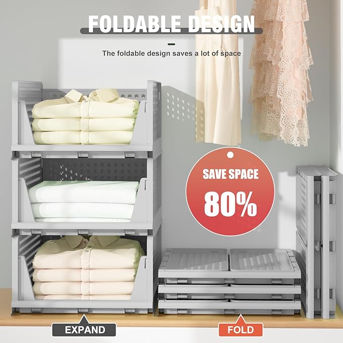 Stackable Plastic Storage Drawers for Closet Organizers and Storage, Open Storage Bins Closet Shelf Clothes Organizer for Closet Wardrobe (5, Grey)