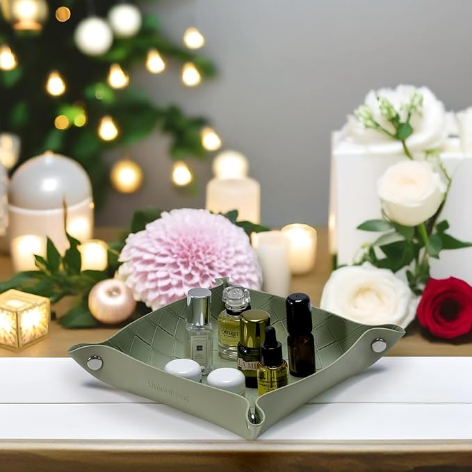 UnionBasic Small Valet Tray, Jewelry Tray for Rings Watches Earrings, Entryway Catchall Caddy for Coins Keys Change, Nightstand Bedside Valet Holder, Trays for Electronic Gadgets, Woven Matcha