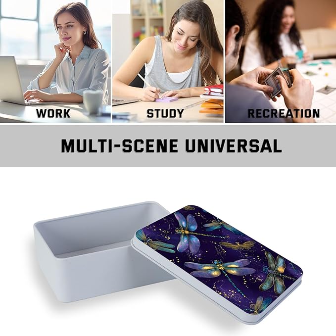 Metal Tin Box with Lid,Multi-functional Storage Large Box Can Store Tea Biscuits Game Cards, Playing & Tarot Cards-Comes with 4 Magnetic Cord Clips,Dragonflies on Purple