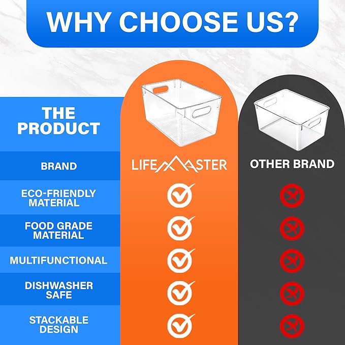 Lifemaster Stackable Refrigerator Bins - Set of 2 Large Capacity Organizers with Easy Grip Handles - Clear and Versatile for Kitchen Storage