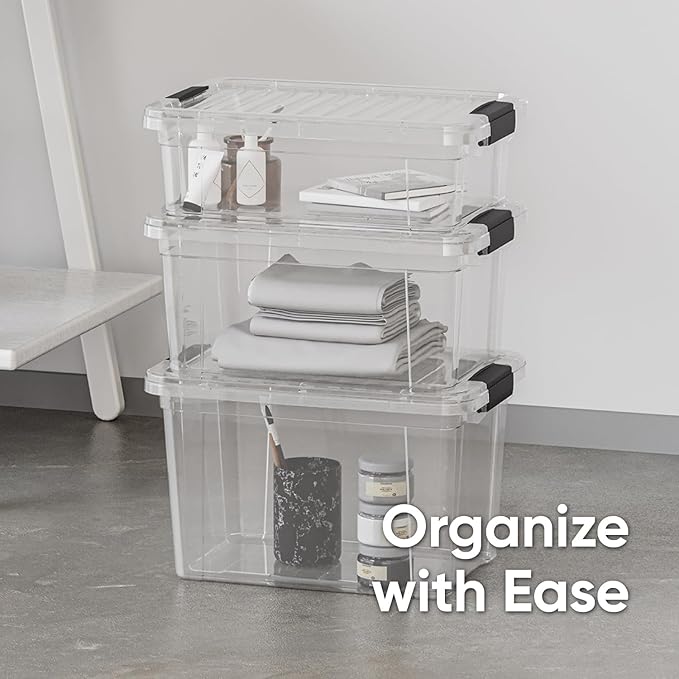 Superio Small Clear Storage Box with Lid, 4.75 Quart Plastic Container Bins for Organizing, Stackable Crates, BPA Free, Non Toxic, Odor Free, Organizers for Home, Office, School, and Dorm