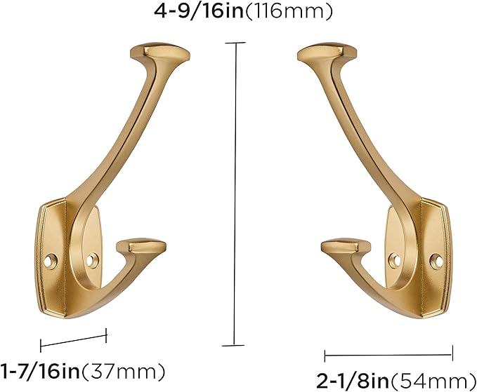 5 Pack Brushed Gold Hooks Decorative Heavy Duty Solid Large Coat Hooks for Towel Hanging Coats Robe Wall Mounted Towel Bags Door Back Bathroom Wall Hook.