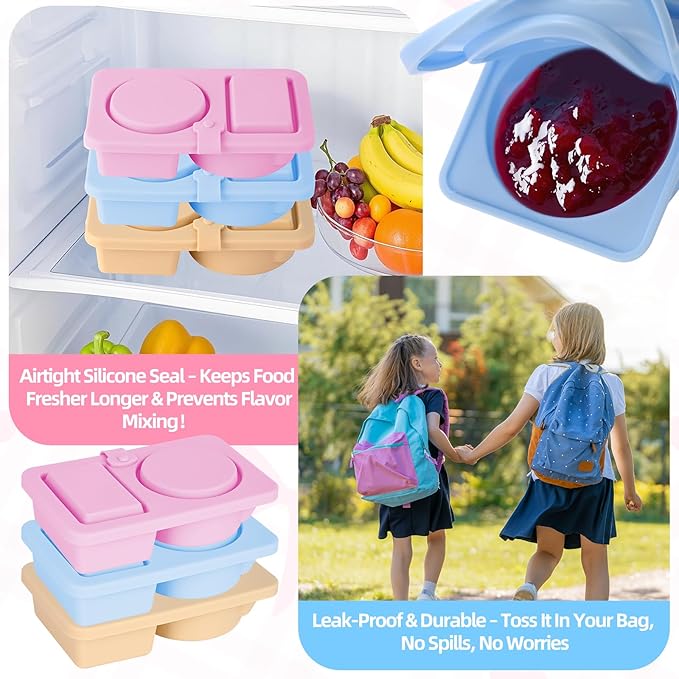 3 Pack Silicone Snack Containers with Lids, Double Compartment Reusable Snackle Box Container, Dressing Containers, Small Food Box for Lunch, Travel, Office, Picnic