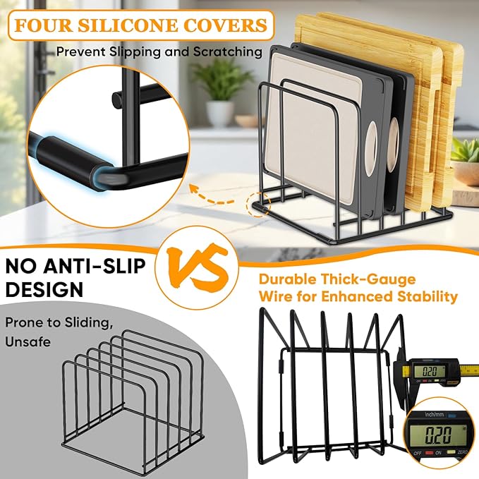 Kitchen Organizer Rack - 5-Slot Heavy-Duty Cutting Board and Bakeware Holder, Rust-Resistant with Anti-Slip Feet for Countertop or Cabinet Storage