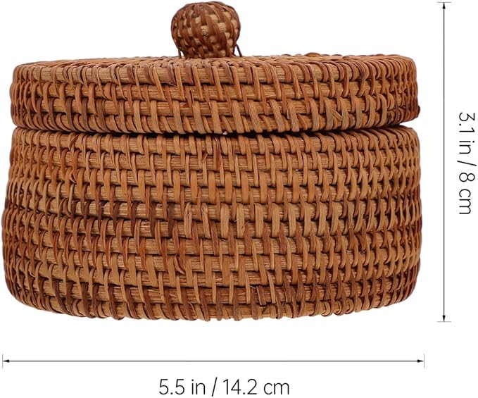 STOBAZA Vintage Rattan Storage Box with Lid Small Woven Basket 5.59X5.51X3.07 Inch for Desktop Organization Kitchen Bathroom Sundries Holder