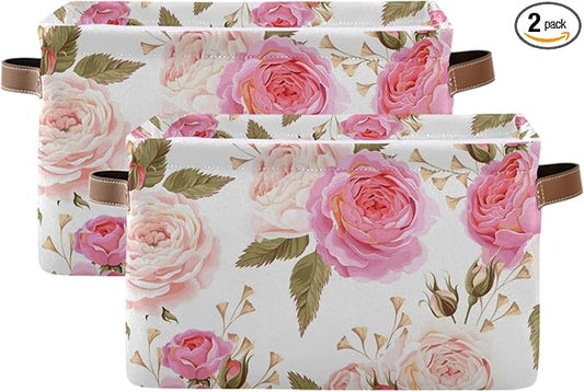 susiyo Large Foldable Storage Bin, Floral Pink Roses Fabric Storage Baskets for Shelves, Closet Organizer Bins, Decorative Baskets Clothes Storage Bin with PU Handles -2Pack