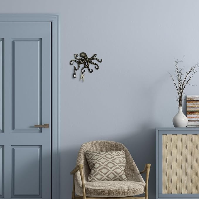 Key Holder for Wall, Octopus Wall Hooks Decorative for Hanging, Cast Iron Coat Hooks/Towel Hooks with 6 arms - Bronze