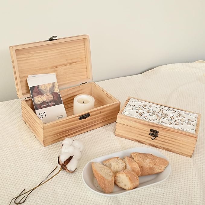 Wooden Storage Box Set of 2 - Hand Carved Floral Decorative Boxes with Hinged Lids - Solid Pine Keepsake Organizer for Jewelry, Photos, and Rustic Farmhouse Home Décor