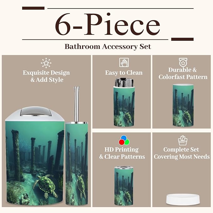 6 Piece Bathroom Accessories Set Surreal Art Ancient Sea Turtle Ruin Trash can Toilet Brush Holder Toothbrush Holder Toothbrush Cup Soap Dispenser Soap Dish for Home