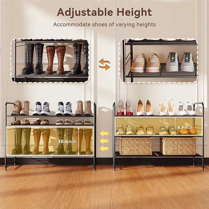 3 Tier Shoe Rack, 32.5" Wide Stackable Sturdy Metal Shoe Shelf Storage Organizer with Height-Adjustable for Entryway, Closet, Black